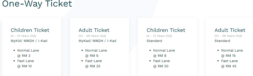 Harga tiket cable car Penang Hill One Way