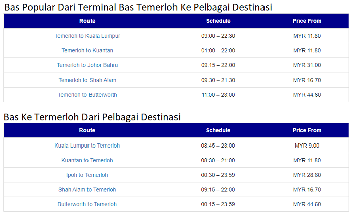 Jadual dan harga tiket bas express di Terminal Bas Temerloh Pahang