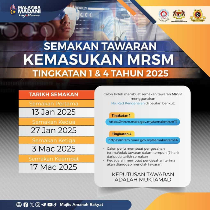 Tarikh semakan keputusan permohonan ke MRSM Tingkatan 1 dan Tingkatan 4 2025